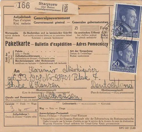 GG: Judaika: Paketkarte Skaryszew an KZ Mauthausen