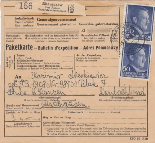 GG: Judaika oder Polnischer Insasse: Paketkarte Skaryszew an KZ Mauthausen