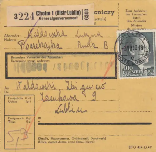 GG: Paketkarte Cholm nach Lublin, Adresse Gefängnis in Lublin