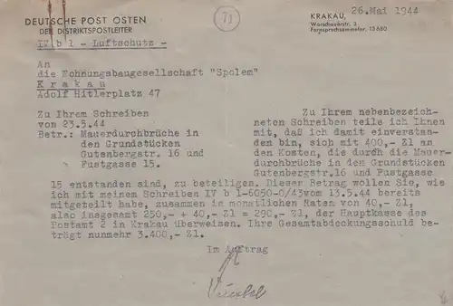 GG: Postsache Luftschutz Krakau Mai 1944, sehr seltenes Dienstpost Kuvert