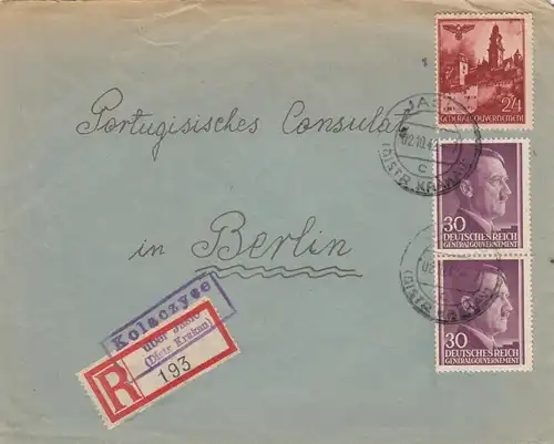 GG: lettre recommandée Kolaczyce/Jaslo au consulat portugais à Berlin