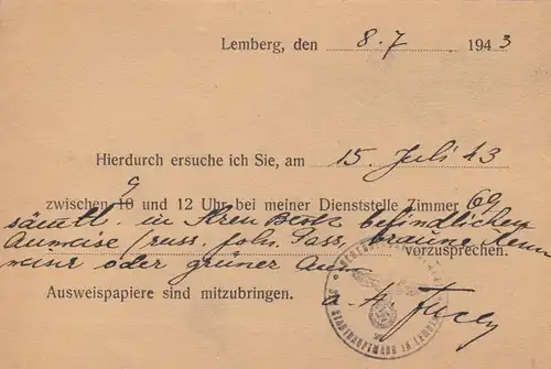 GG: Drucksache Postkarte Polizeidirektion Lemberg, Vorladung -  Termin