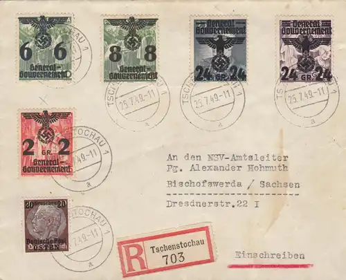 GG: lettre recommandée Chenstochowa, faux cachet 25.7.49 au lieu de 1940
