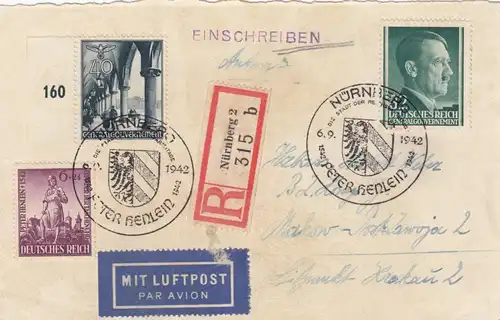 GG: Carte de réponse Nuremberg, pré-franqué en lettre recommandée, courrier aérien affranchi