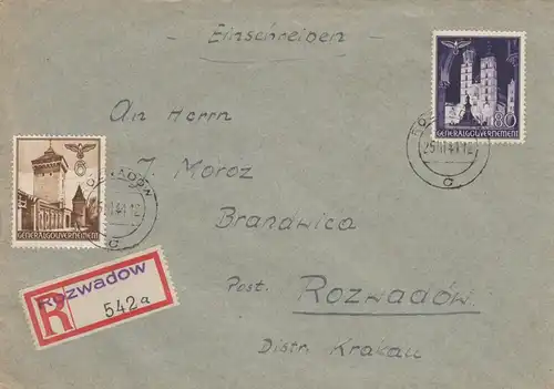GG: R-Brief Rozwadow nach Brandwica, rückseitig Datum Entwertung Z2 portorichtig