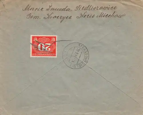 GG: Lettre R Pilica à Strasbourg, arrière Z2 de l'expéditeur, portochtig