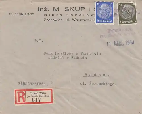 GG frühe Post: Einschreiben Dombrowa 11.3.40 nach Radom, portogerecht