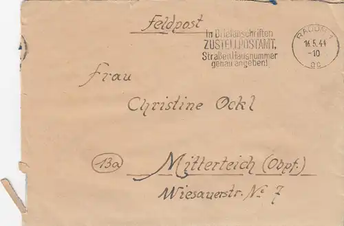 GG: Lettre postale de terrain avec un timbre publicitaire très rare W8a de Radom à Mitterich