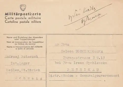 GG: CH: Carte postale militaire Camps internés miles après Pétrikaum-s tarde Post 11.44