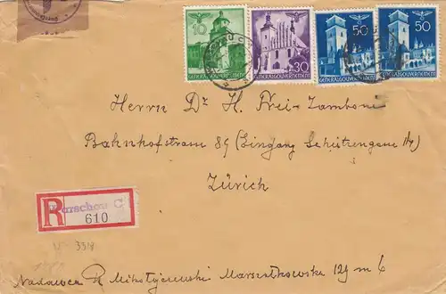 GG: CH: Lettre recommandé Varsovie à Zurich, 2ème étage, porto, censure