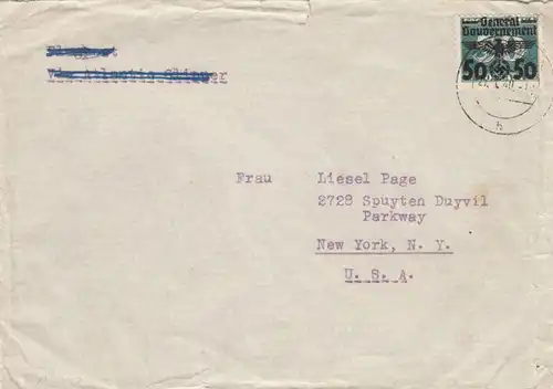 GG USA: Lettre Zakopane avec rare francature à New York, censure porto juste