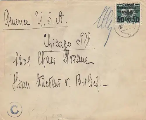 GG USA Lettre de Grojek avec rare francature à Chicago, censure porto juste