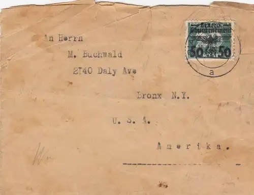 GG USA: Brief Biala Podlaska mit seltener Frankatur nach NY, Zensur portogerecht
