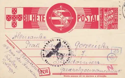 GG Portugal: Ganzsache Lisboa nach Sandomierz, Zensur