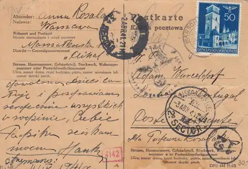 GG Portugal: Postkarte Luftpost, portogerecht Warschau, Zensur, Bug unten rechts