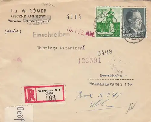 GG Suède: Lettre recommandé Varsovie à Stockholm, censure, portofach