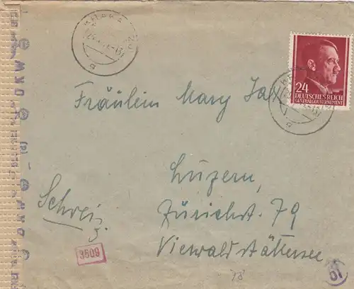 GG Schweiz später Brief Inlandsporto von Krakau nach Luzern, Zensur
