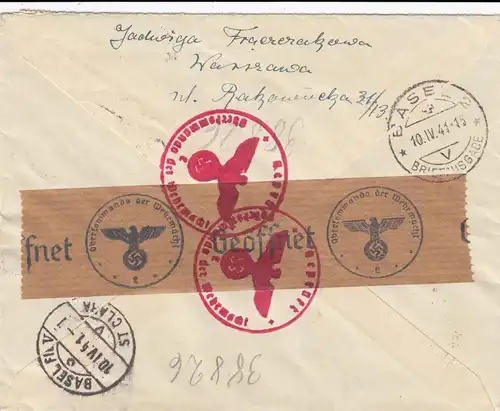 GG Suisse lettre postale de Varsovie à Bâle, censure