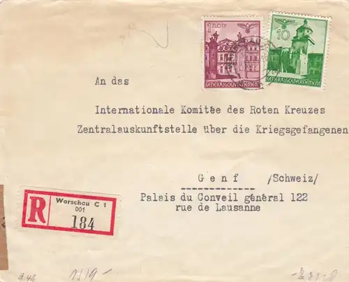 GG Schweiz: Einschreiben Warschau an Rotes Kreuz Genf, Zensur