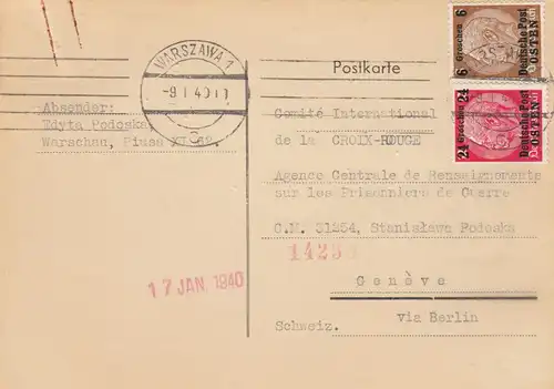 GG Suisse Varsovie comme carte postale à la Croix-Rouge, prisonniers de guerre