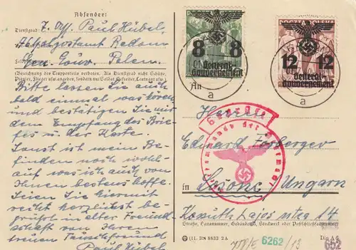 GG Hongrie: Carte postale spéciale 20Gr, portofak, censure Radom