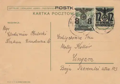 GG Hongrie: Carte postale spéciale 20Gr, portofak, censure Cracovie