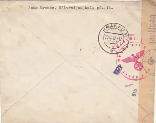 GG Hongrie: lettre recommandée Satoraljaujhely à Cracovie, censure