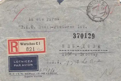 GG USA: Einschreiben Luftpost Warschau nach NY, Zensur