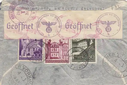 GG USA: Einschreiben Luftpost Warschau nach NY, Zensur