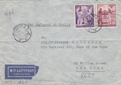 GG USA: Poste aérien Varsovie vers NY - Goldberg, porto-festival, censure, Hapag Agence de voyages