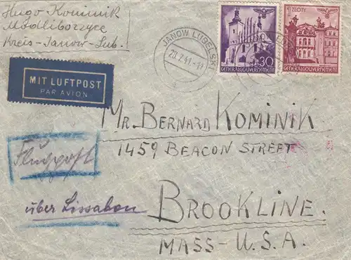 GG USA: Poste aérien Janow Lubelski, portofakund, censure