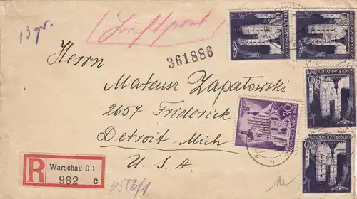 GG USA: Einschreiben Warschau Luftpost nach Detroit, portogerecht bis 20gr !!!