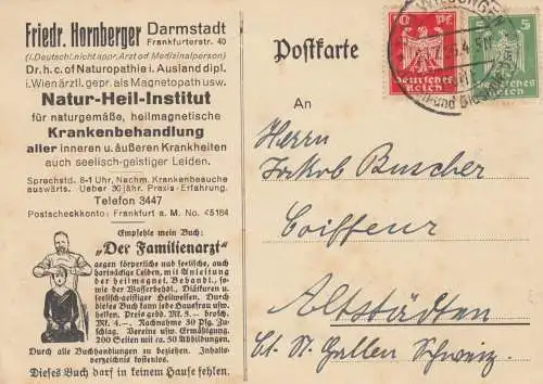 1926: Postkarte Bad Wildungen, Natur-Heil Institut Darmstadt nach Altstätten