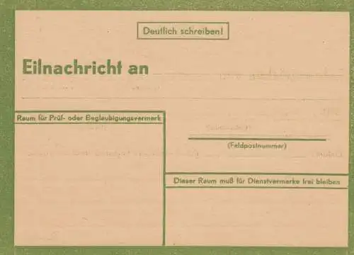 Eilnachricht /Lebenszeichen Postkarte grün, blanko StdW. 4804 43