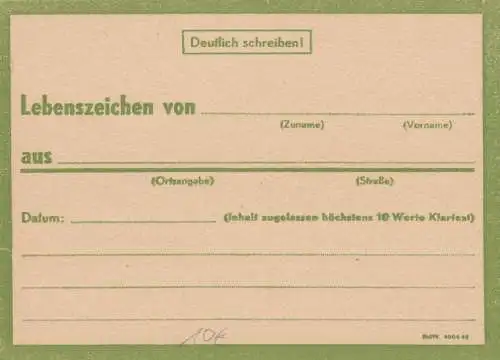 Eilnachricht /Lebenszeichen Postkarte grün, blanko StdW. 4804 43