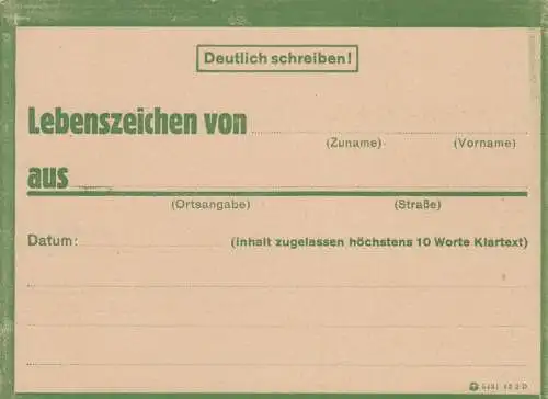 Eilnachricht /Lebenszeichen Postkarte grün, blanko 5431 43 2 D