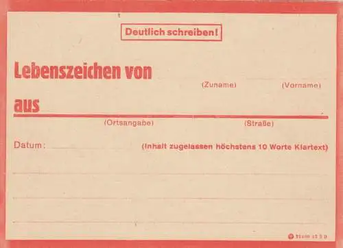 Eilnachricht /Lebenszeichen Postkarte rot, blanko 21400 43 2 D