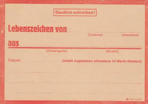 Eilnachricht /Lebenszeichen Postkarte rot, blanko 5431 43 2 D