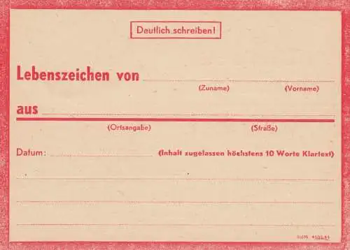 Eilnachricht /Lebenszeichen Postkarte rot, blanko StdW. 4305 43