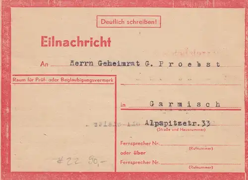 Eilnachricht /Lebenszeichen Postkarte München nach Garmisch 19./20.7.44