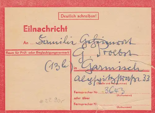 Eilnachricht /Lebenszeichen Postkarte Ingolstadt nach Garmisch, 10.4.45