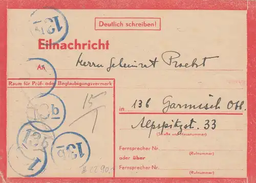 Carte postale de Munich vers Garmisch, 9.1.45