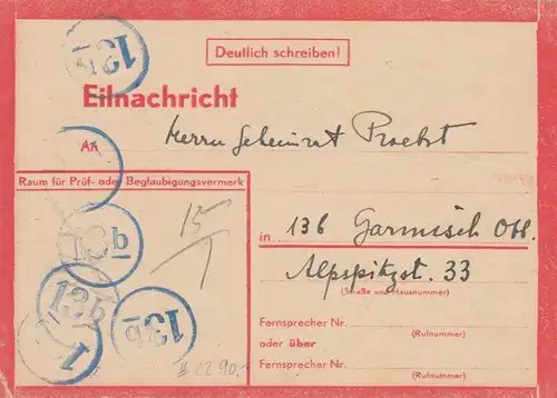 Eilnachricht /Lebenszeichen Postkarte München nach Garmisch, 9.1.45