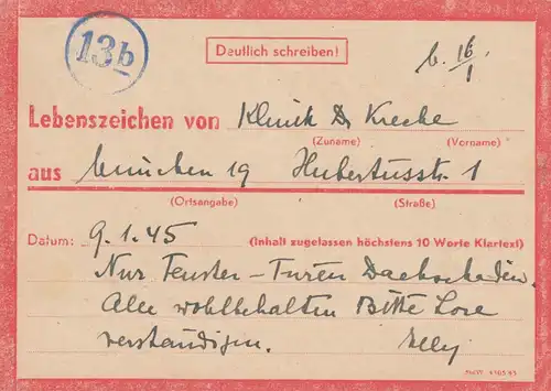 Carte postale de Munich vers Garmisch, 9.1.45