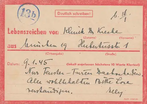 Eilnachricht /Lebenszeichen Postkarte München nach Garmisch, 9.1.45