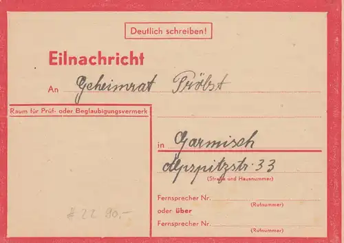 Eilnachricht /Lebenszeichen Postkarte München nach Garmisch, 12.7.44