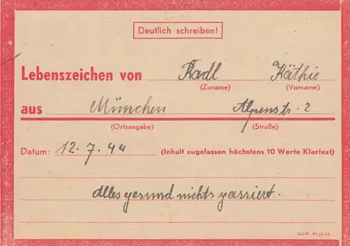 Carte postale de Munich vers Garmisch, 12.7.44