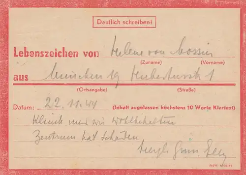Eilnachricht /Lebenszeichen Postkarte München nach Garmisch 22.11.44