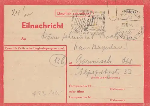 Eilnachricht /Lebenszeichen Postkarte München nach Garmisch 22.11.44