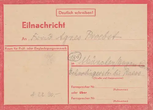 Eilnachricht /Lebenszeichen Postkarte München nach Garmisch 13.7.44